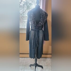 Y2K Forever 21 Belted Denim Jacket with Gray Fur Collar